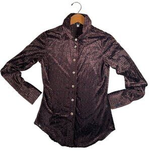 VTG 90s Hype Womens Size S Shirt Burn Out Velvet Brown on Sheer Black MOP Button